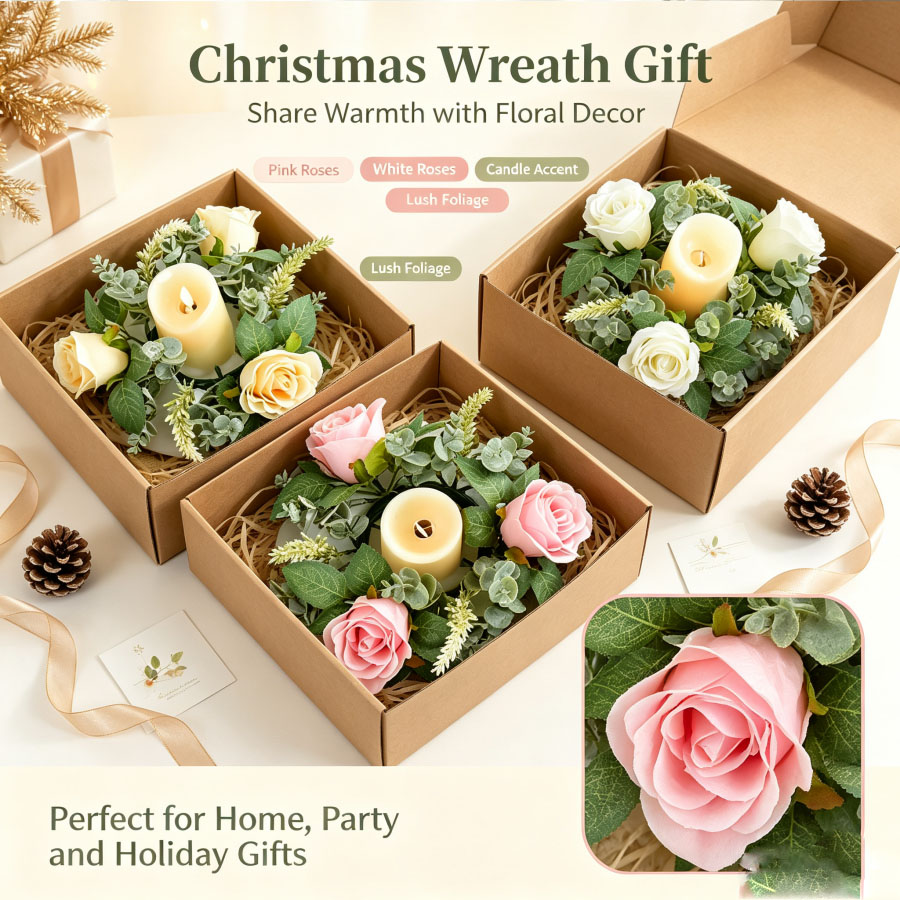 Candle Holder Supplies - Artificial Rose Wreath Shaped Candlestick Floral
