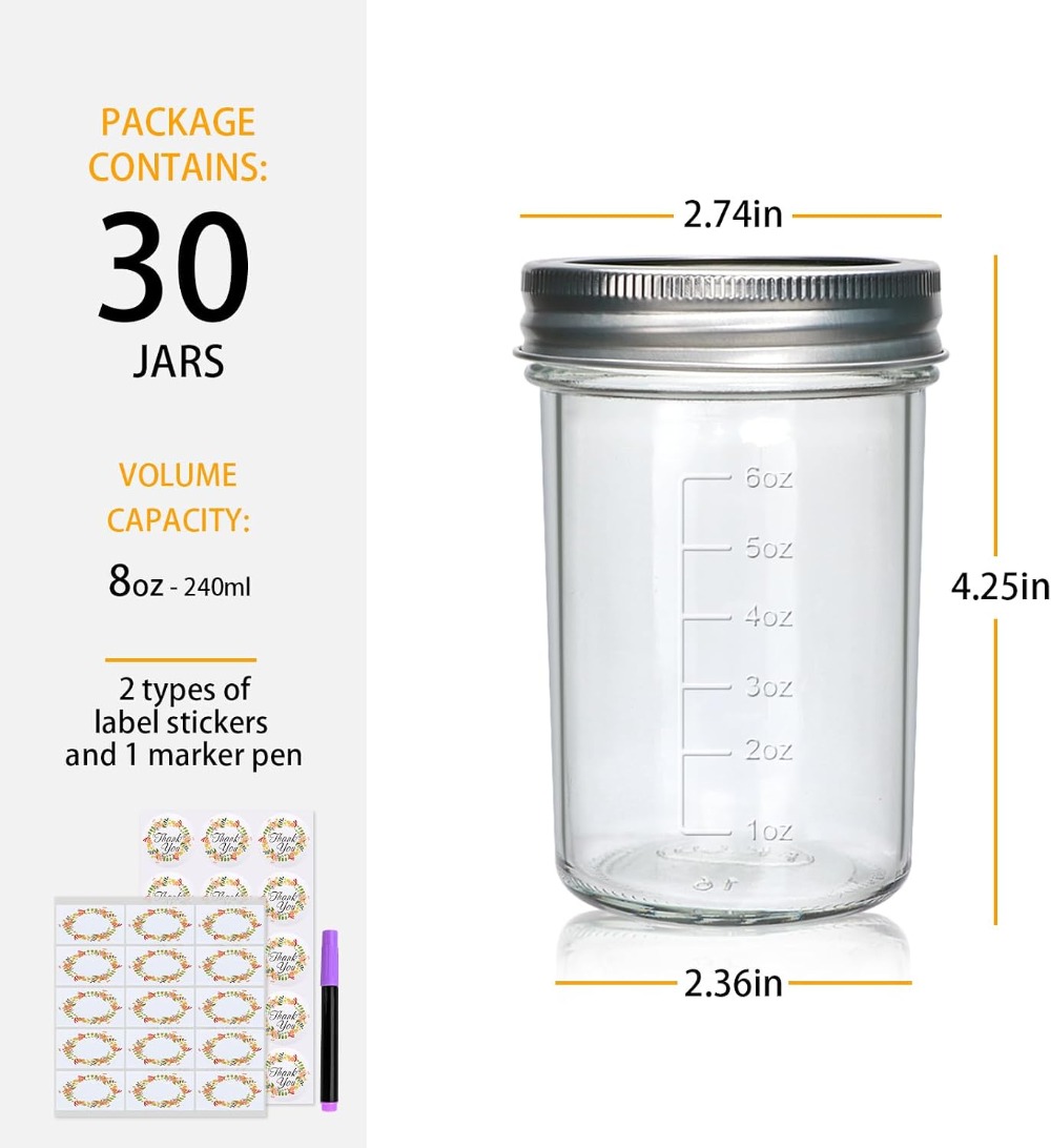 30 Pack 8 oz Mason Jars with L - đánh giá và giá Mason Jar 8Oz